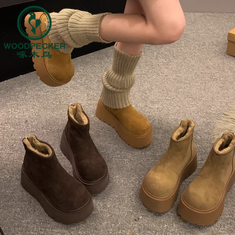 啄木鸟勃肯短靴女2025冬季新款复古小个子厚底保暖皮毛一体雪地靴