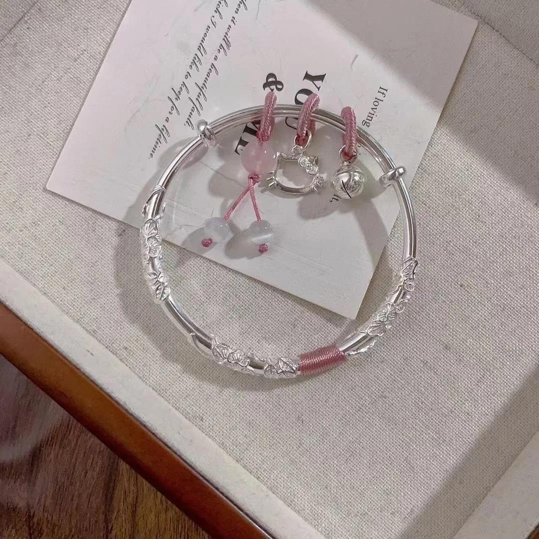 足银手镯  繁花似锦足银小兔子手镯女999纯银kitty猫蝴蝶开口银镯