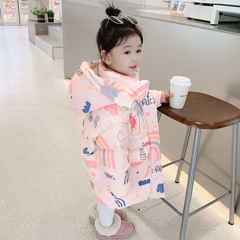 鸭鸭女童中长款羽绒羽绒服童装2023冬季连帽加厚过膝羽绒衣休闲外