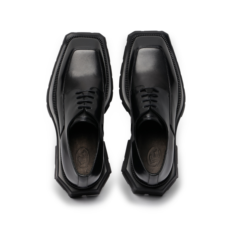 viplander方头小众黑皮鞋143201进口拼接牛皮男士休闲德比鞋男