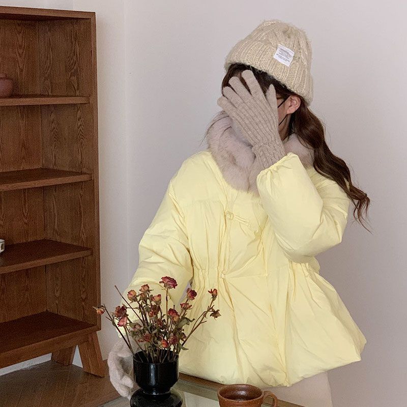 2023新款中国风羽绒服女短款小个子中式盘扣大毛领外套