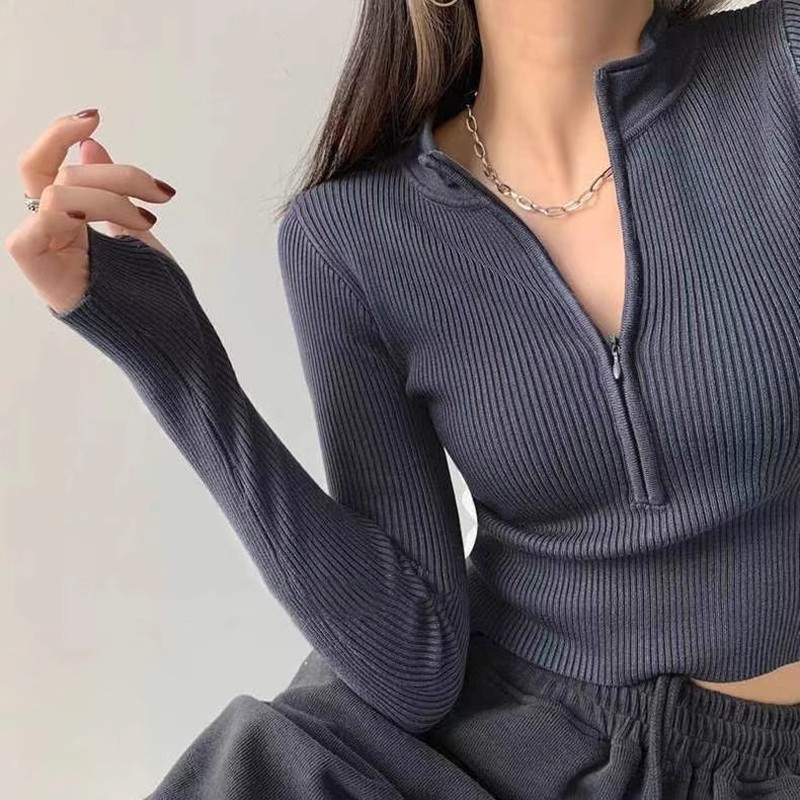 2025秋冬新款修身内搭拉链针织衫女士毛衣长袖半高领短款打底上衣