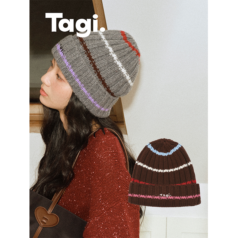 Tagi.彩色条纹logo刺绣秋冬保暖羊毛毛线帽针织坑条冷帽时尚百搭