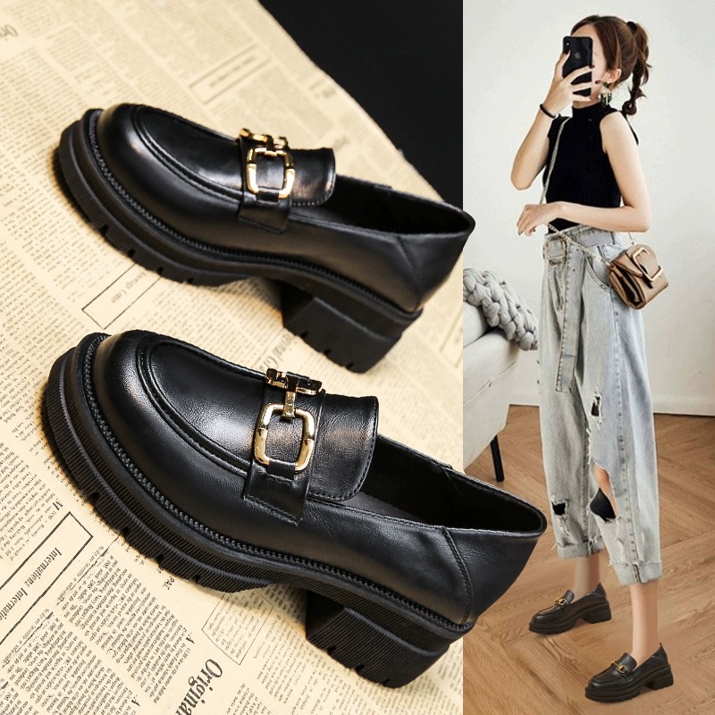 新款英伦风小皮鞋女2025新款单鞋高底厚底乐福鞋一脚蹬百搭女鞋子