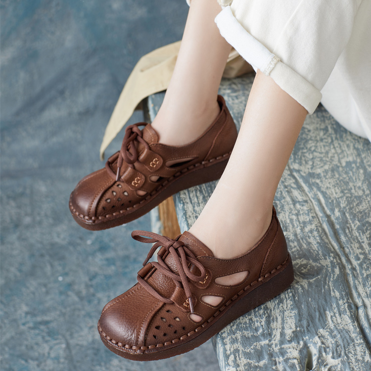 2025春夏民族风牛皮复古凉鞋中空软底罗马女鞋系带休闲镂空鞋