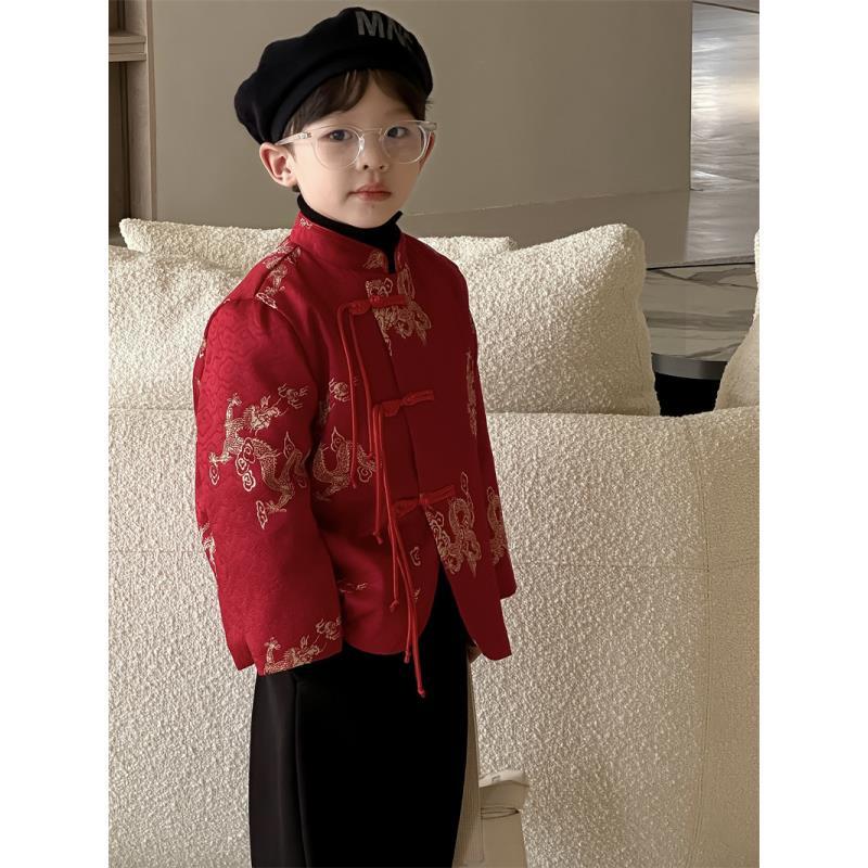 男童唐装新年服冬加厚中国风汉服两件套中小童拜年服喜庆红色套装