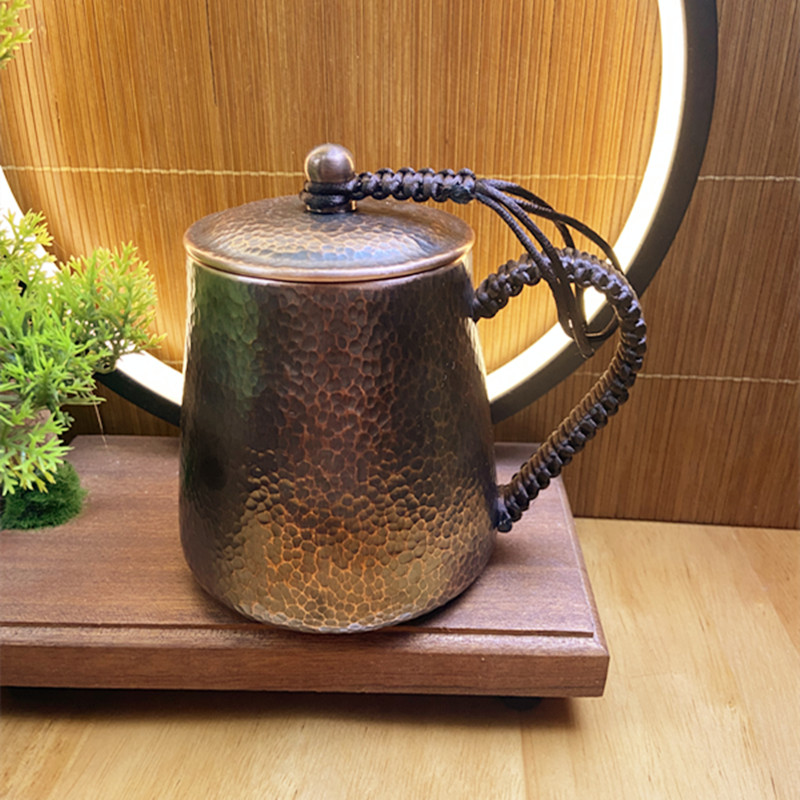 网红新款纯紫铜手工大容量水杯子煮茶泡茶杯啤酒杯带盖冷水马克杯