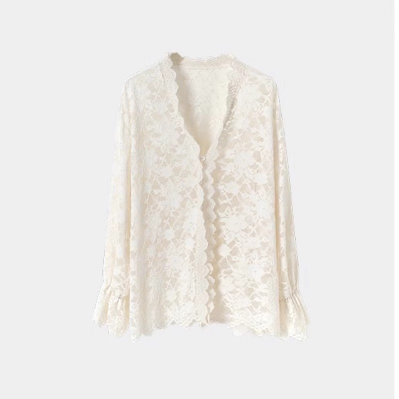 鱼er 2024秋季新款蕾丝镂空长袖衬衫女温柔气质宽松V领上衣内搭