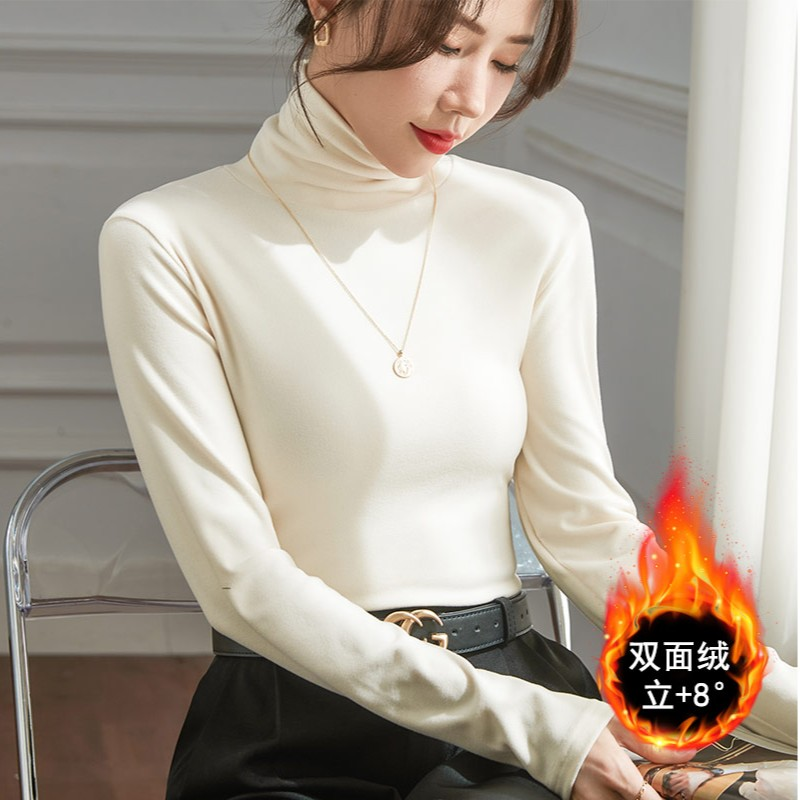【两件19.9】双面绒堆堆领高领打底衫女冬季长袖保暖修身弹力螺纹