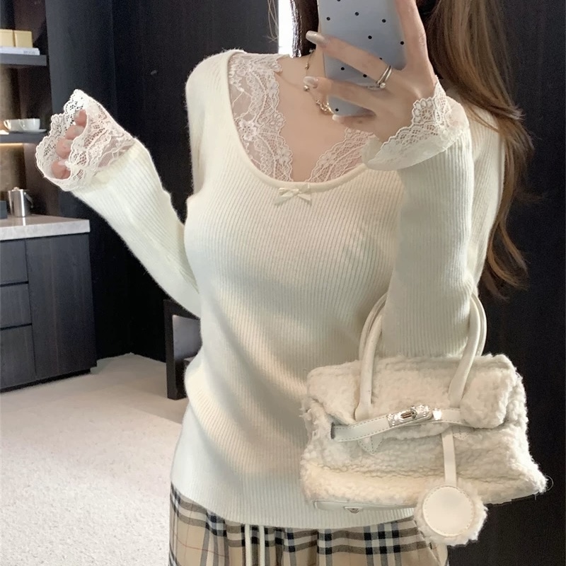 秋冬季纯欲风蕾丝拼接设计感针织衫修身显瘦百搭打底上衣#3010