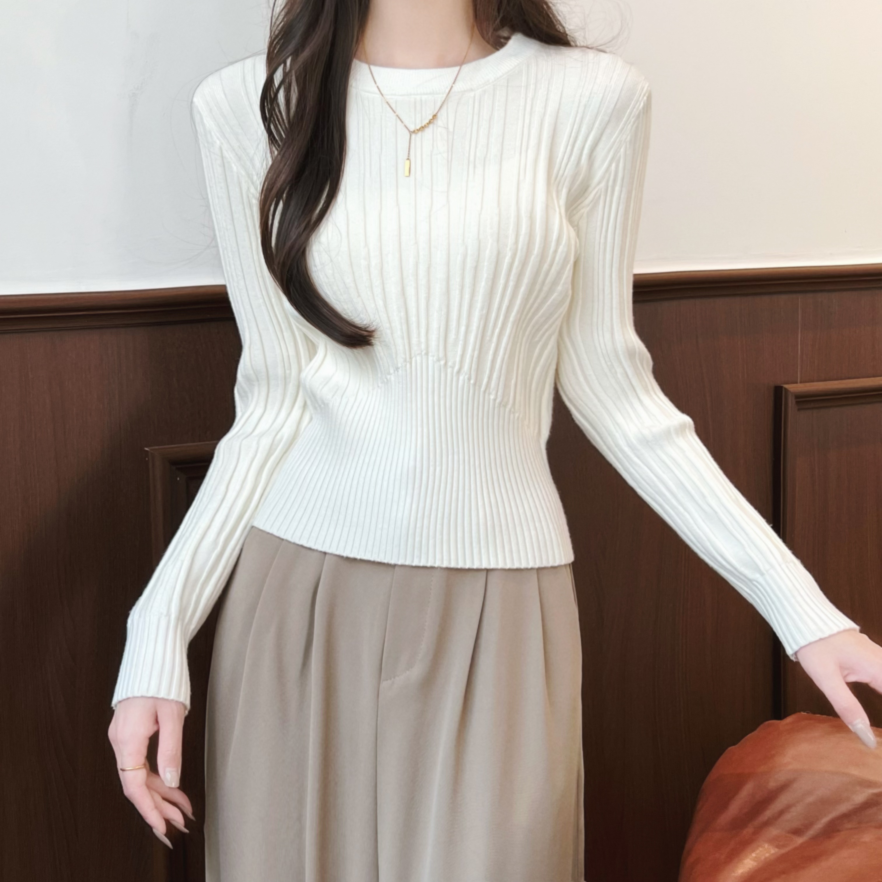 秋冬百搭洋气网红感修身显瘦圆领别致设计感气质针织衫上衣#3006