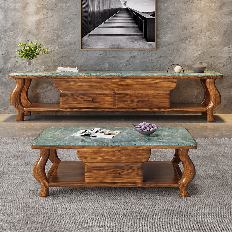 乌金木大理石茶几电视柜组合新中式高脚款扫地机器人能进家用