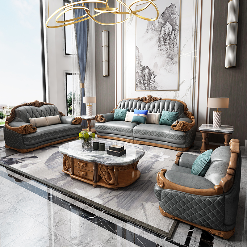 欧式全实木发财大象款1234头层加厚真皮转角沙发组合高档别墅客厅
