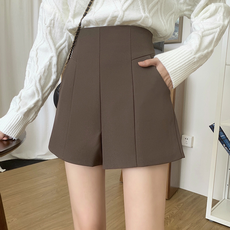 毛呢高腰阔腿短裤女秋冬款百搭修身显瘦显高咖色宽松a字休闲裤19
