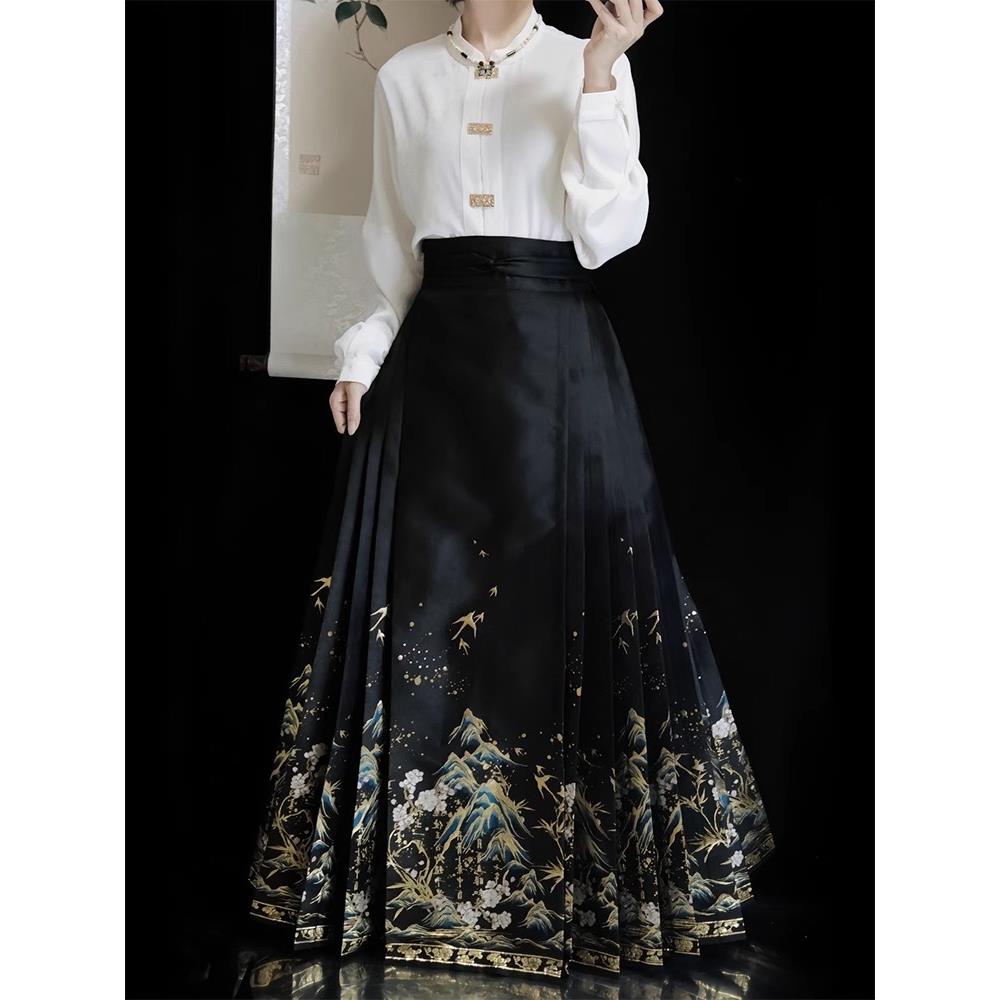 新中式国风改良黑色马面裙上衣套装秋季小个子汉服2024新款古典风