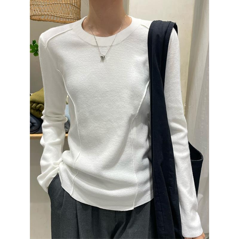 白色长袖T恤女装秋冬季2023新款磨毛加绒内搭打底衫修身鱼骨上衣