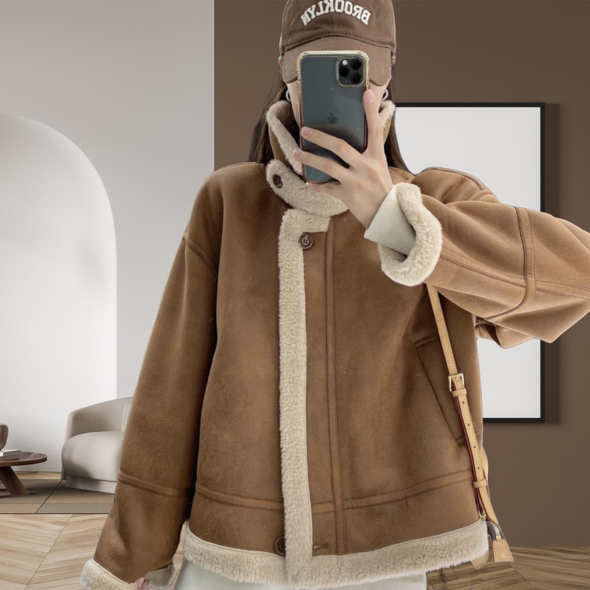 冬季皮毛一体机车服短款外套女厚实保暖夹克翻领大衣