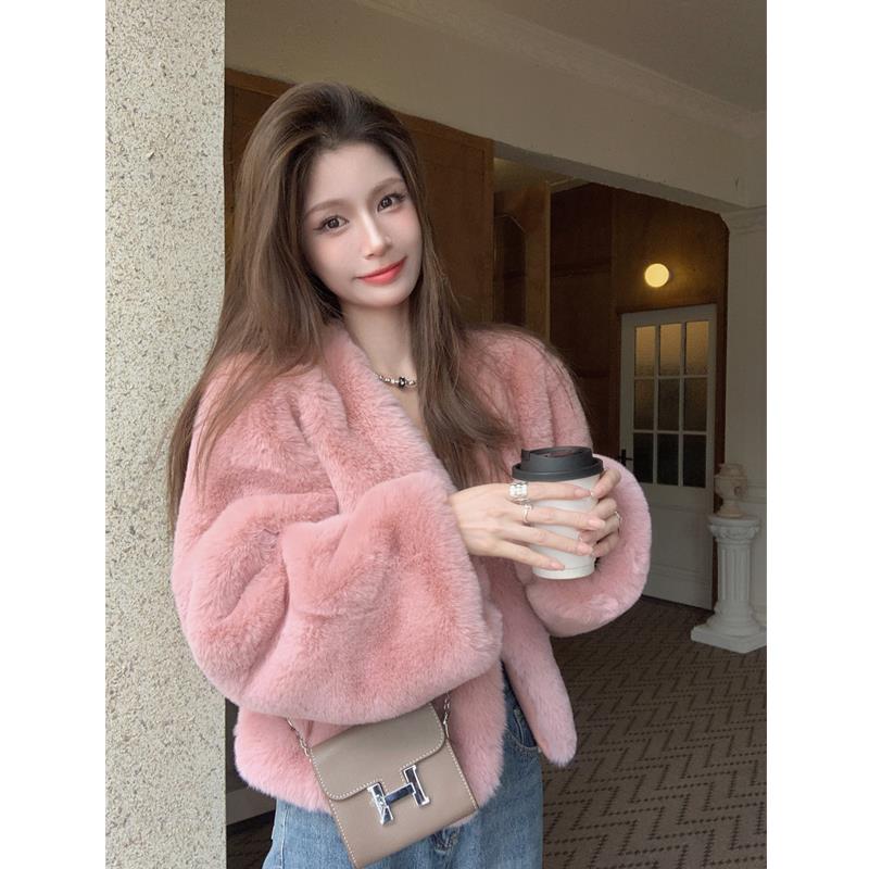 法式小香风富家千金粉色水貂绒毛毛外套女冬季加厚高级感短款上衣
