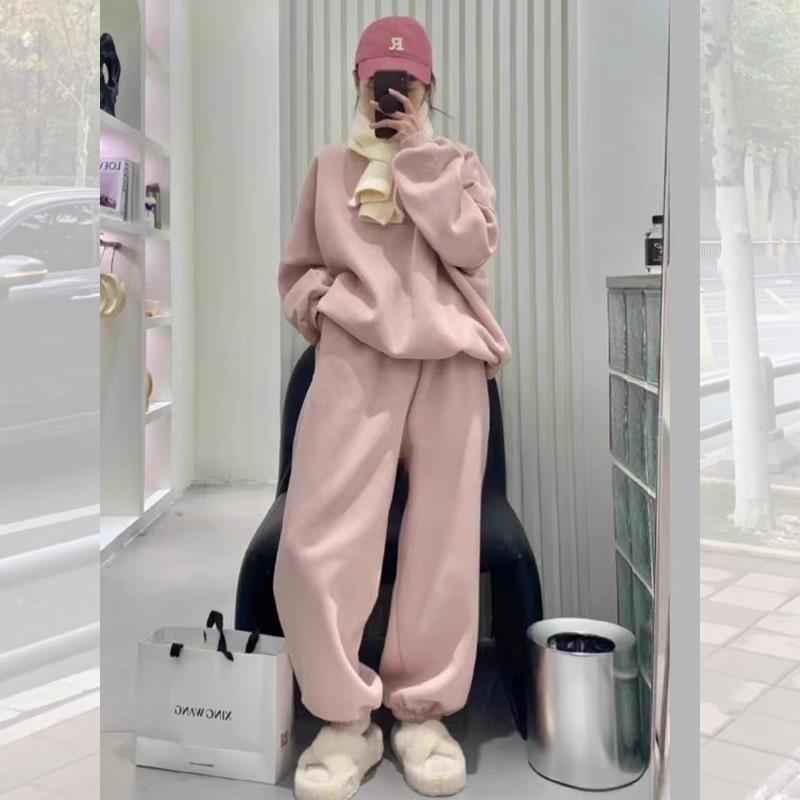 秋冬季休闲运动套装女圆领盐系学生宽松加绒卫衣阔腿裤两件套