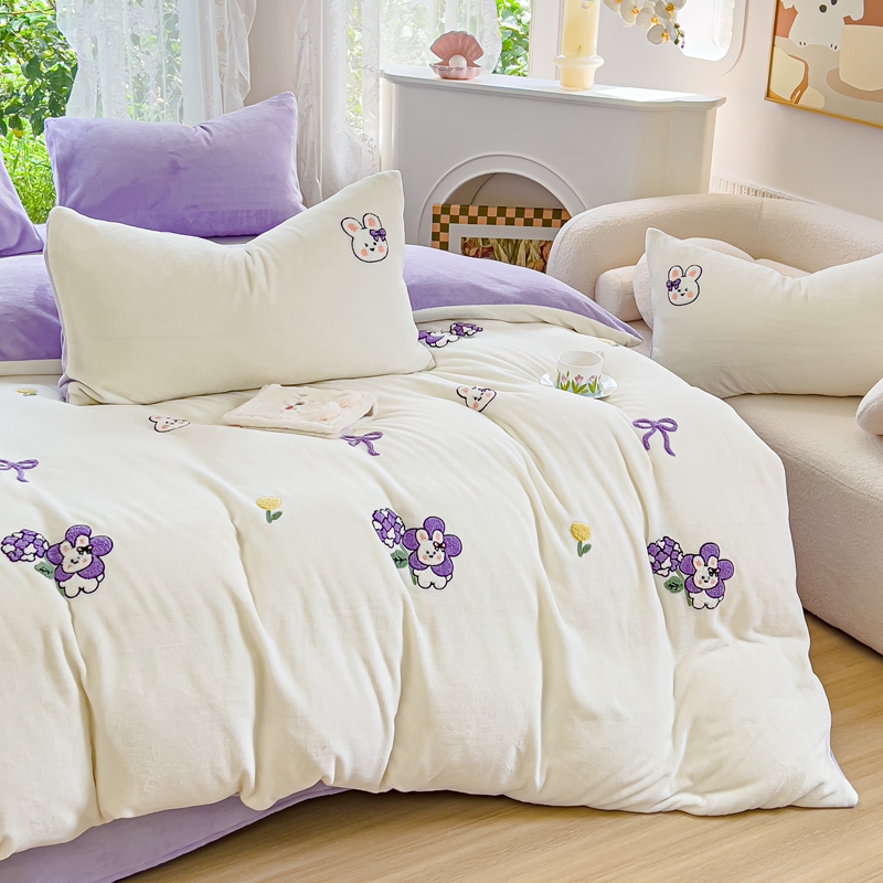 2024爆款毛巾绣牛奶绒ins风四件套纯色简约高级三件套床单被套