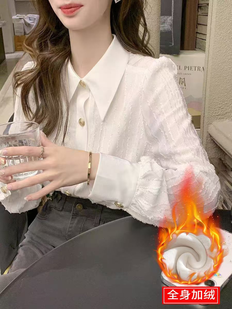 加绒翻领长袖衬衫女秋冬装2025年秋季新款设计感百搭气质上衣气质
