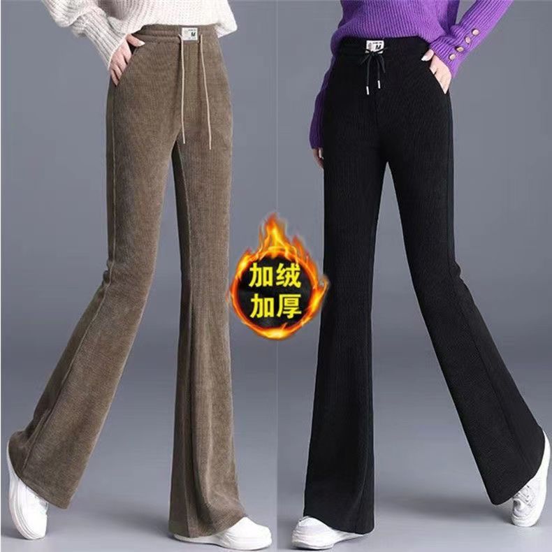 2025冬季加绒特厚特暖松紧腰喇叭裤女休闲直筒裤垂感显示阔腿裤子