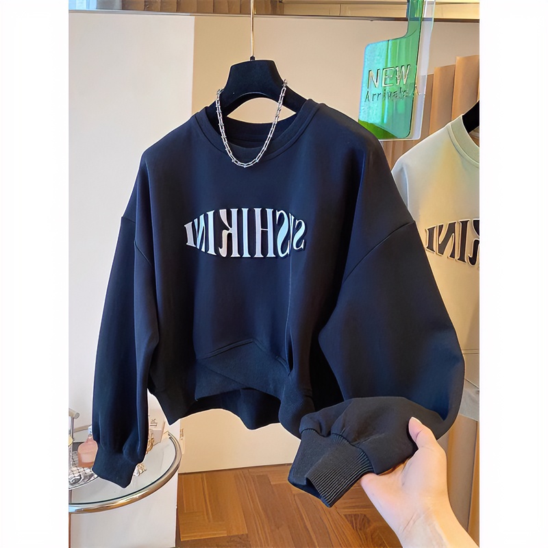 黑色短款卫衣女春秋宽松美式复古套头洋气小个子设计感小众上衣服