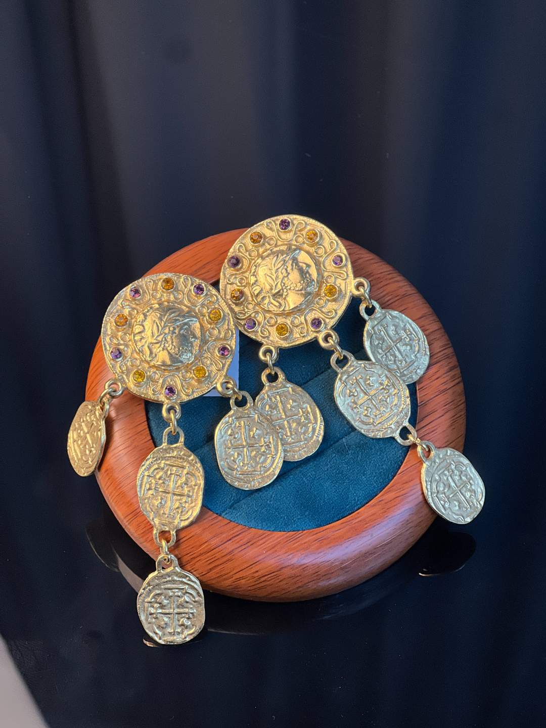 合金耳饰 中古女孩vingtage法国品牌打标金色流苏圆饼扫肩耳夹