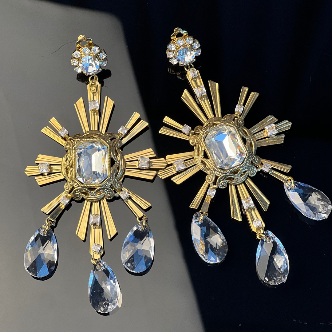 合金耳饰 中古女孩vingtage意大利品牌打标透感琉璃复古耳夹