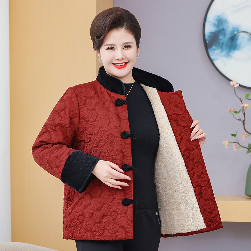 大码妈妈装秋冬款加绒加厚款国风厚外套中老年保暖中式棉外套