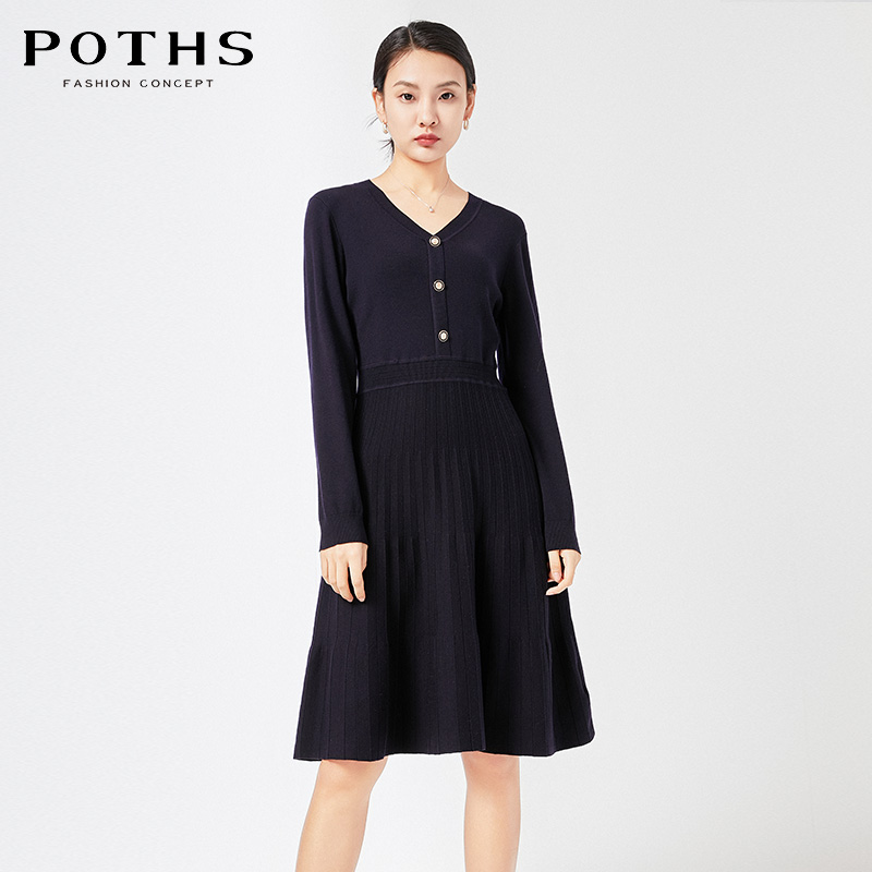 铂玺专柜羊毛v领收腰显瘦长袖针织气质裙子长袖针织衫84006376