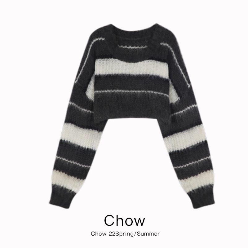 大码女装秋季2025新款条纹韩版针织毛衣女显瘦百搭短款长袖上衣