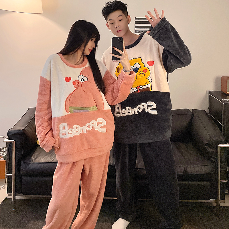 冬天情侣睡衣长毛绒加绒加厚款男家居服可爱卡通海绵宝宝圆领套装