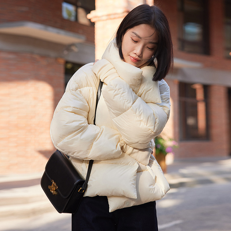 女泡磁吸扣立领纯色鹅绒2023新款新款高端羽绒服冬季短款加厚芙