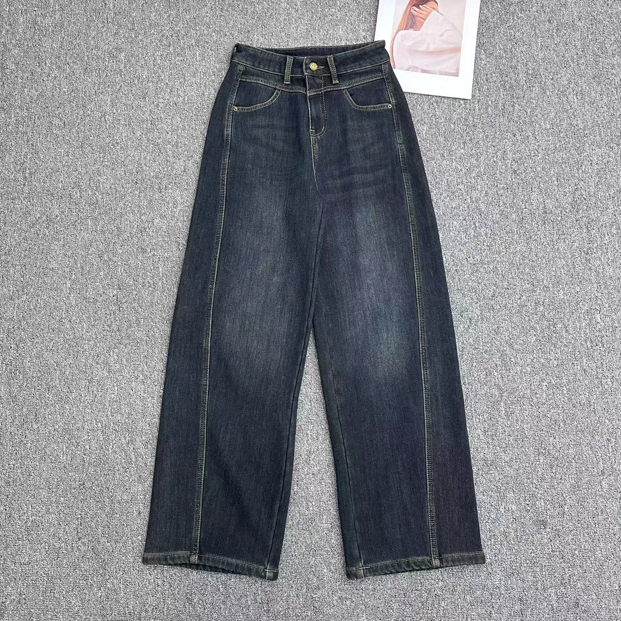 【周周家】K3073濮院秋冬加绒季桑蚕丝弯刀牛仔裤女士蓝色女士休闲