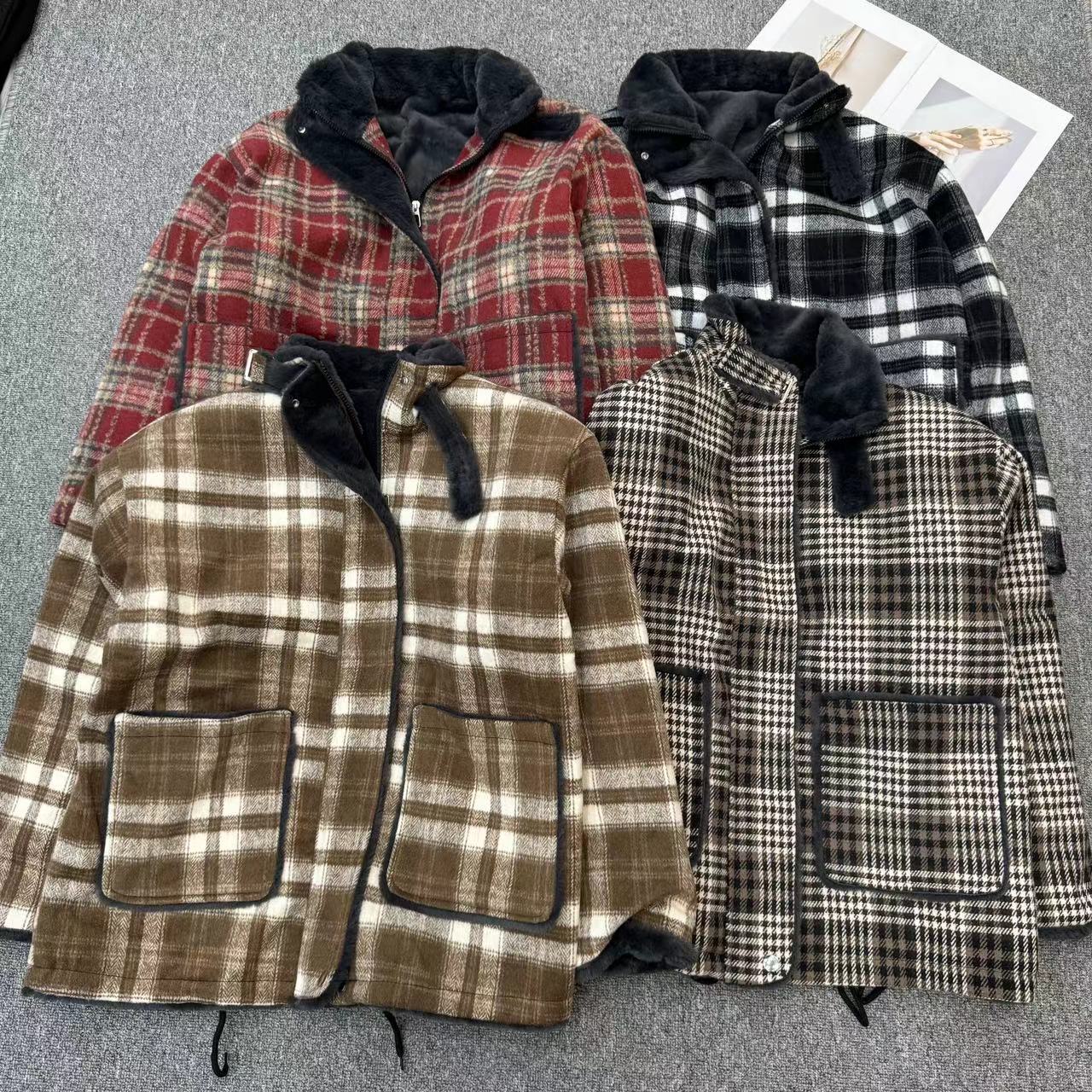 【周周家】M2587濮院秋季新款绵羊毛格子外套毛领时尚街头风