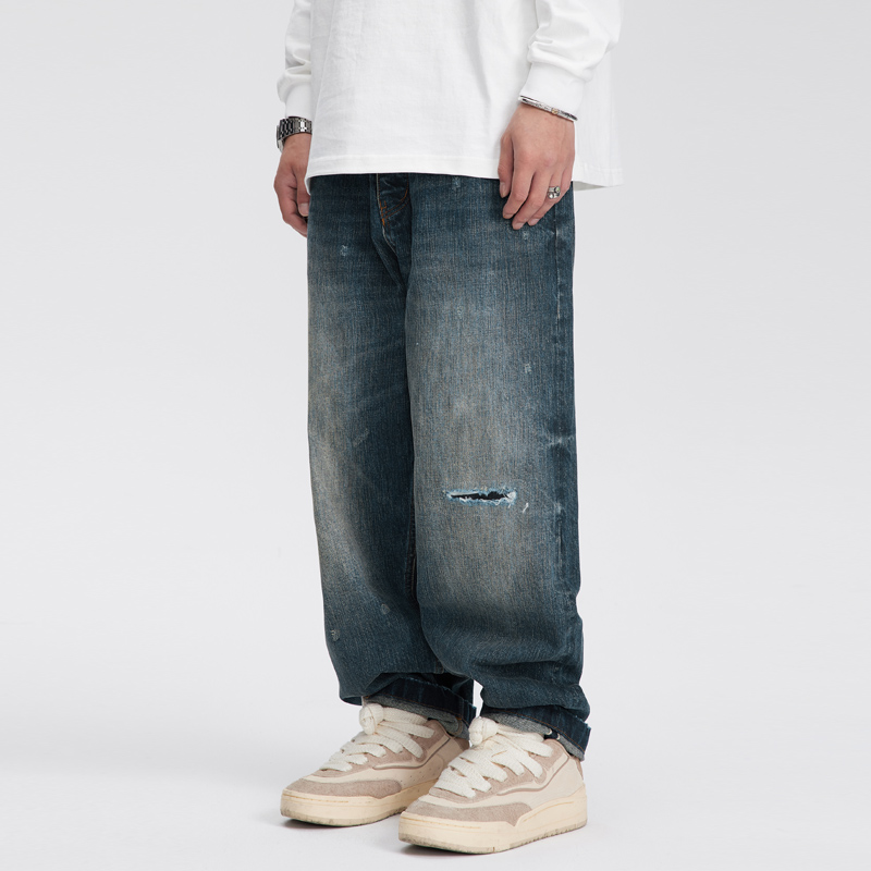 TIRED秋复古盎司窄幅重磅赤耳复古水洗牛仔裤男青年通勤休闲长裤