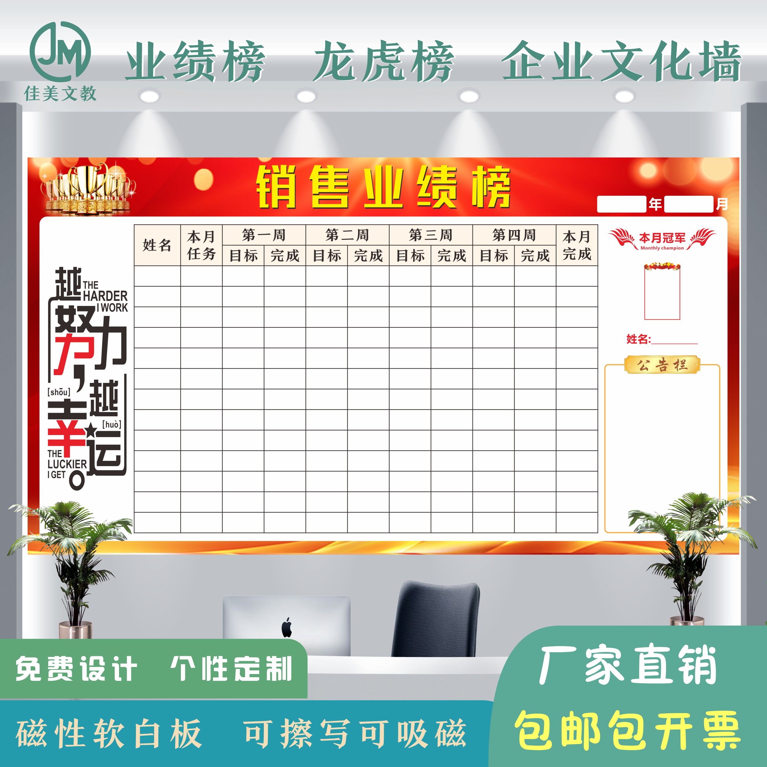 【居家热销】定制业绩展示板磁吸可擦写白板业绩榜龙虎榜文化墙公