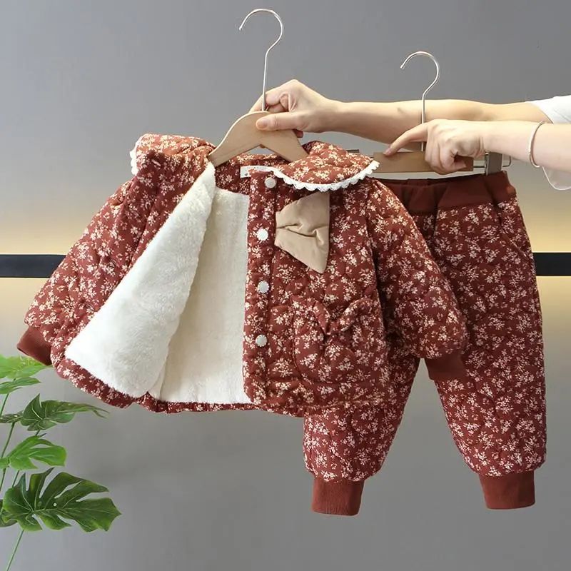 女童冬季棉服套装宝宝新款加绒碎花棉衣洋气婴儿加厚冬装两件套