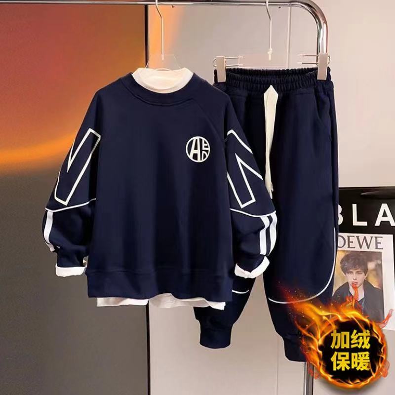 童森童马男童秋冬加绒加厚套装2023新款儿童卫衣运动服冬款衣服潮