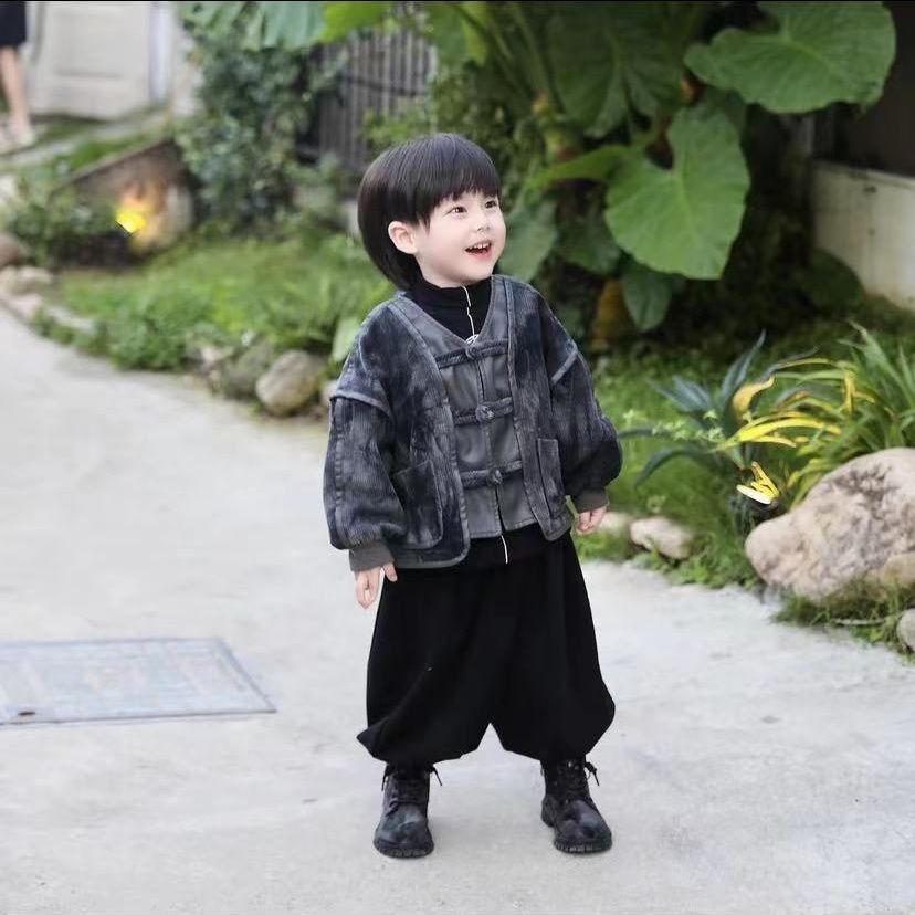 中小童加绒套装秋季2023新款宝宝汉服唐装外套加厚儿童国风秋冬装