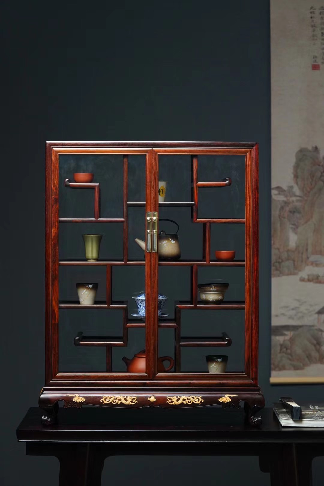 大红酸枝交趾黄檀双开门玻璃柜活榫活拆全独板