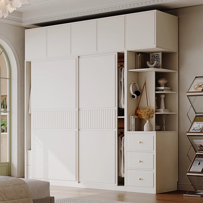 奶油风推拉门衣柜简约现代白色卧室储物柜子小户型家用滑移门衣橱