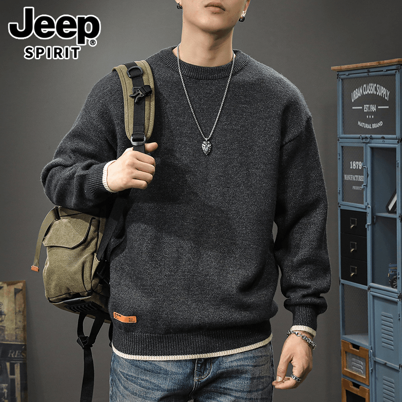jeep吉普秋冬新款潮牌假两件男士圆领毛衣复古磨毛大码针织打底衫
