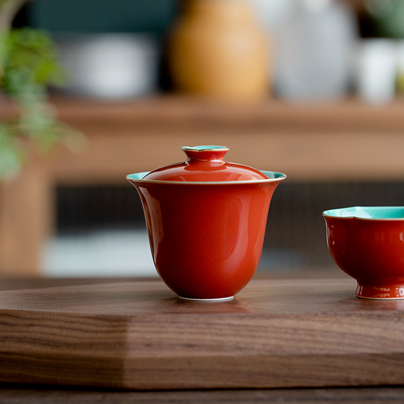 德白故宫红盖碗茶杯功夫茶具家用单个茶碗带盖子不烫手陶瓷泡茶碗