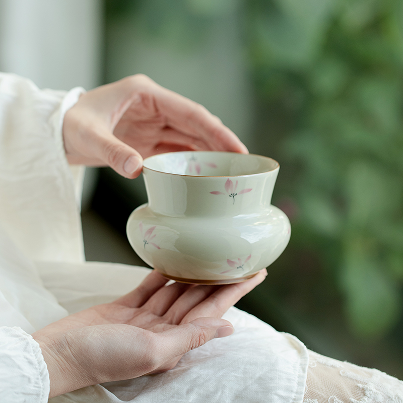 德白草木灰纯手绘粉兰花圆口建水陶瓷茶洗茶渣缸水盂家用盖碗茶具