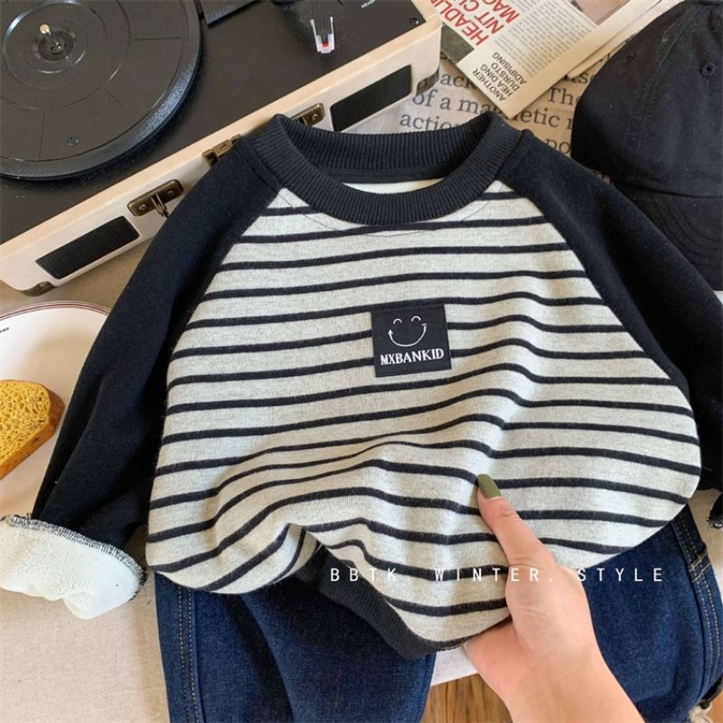 【清仓处理】儿童加绒卫衣男宝条纹插肩加绒套头衫韩版童装休闲黑