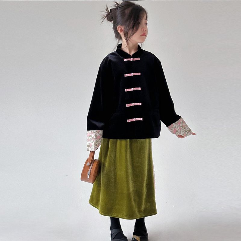 新中式盘扣套装女童秋冬丝绒外套洋气拼接半身裙儿童两件套