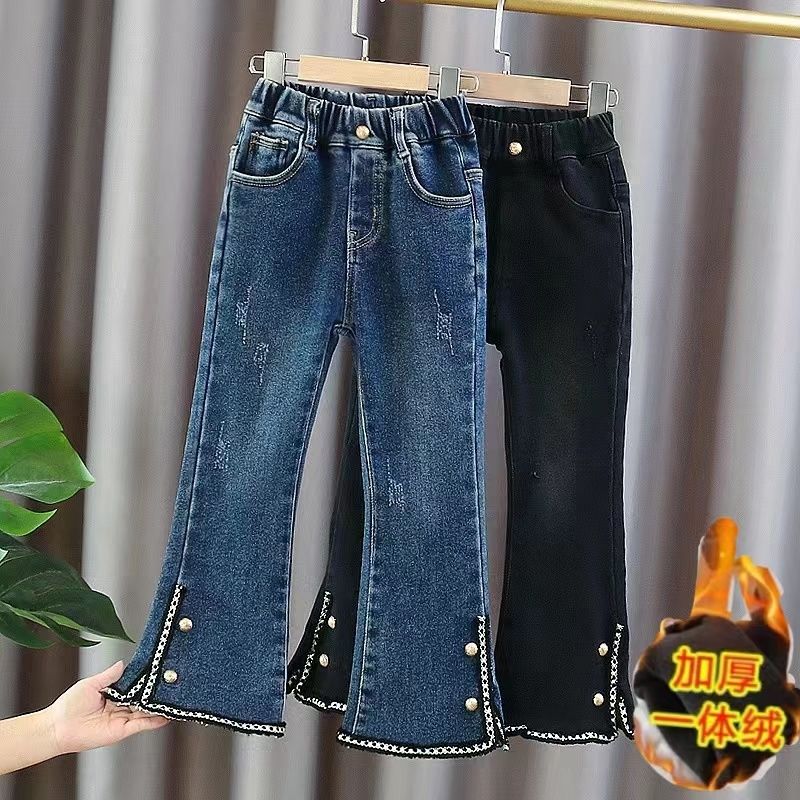 女童喇叭牛仔裤加绒秋冬2024新款春季中大童装洋气厚儿童微喇裤子
