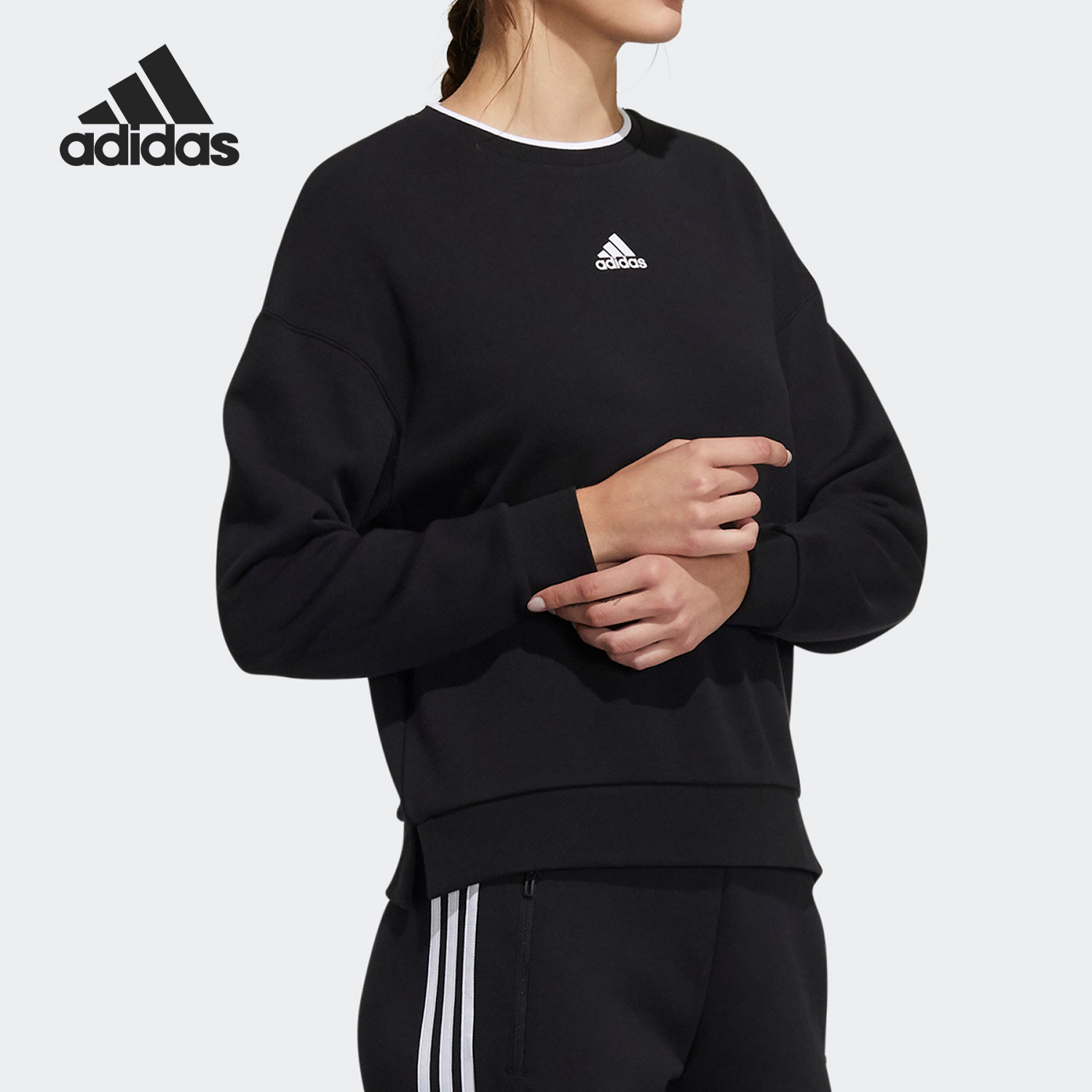 Adidas/阿迪达斯女子圆领套头衫宽松运动休闲厚棉T H09766